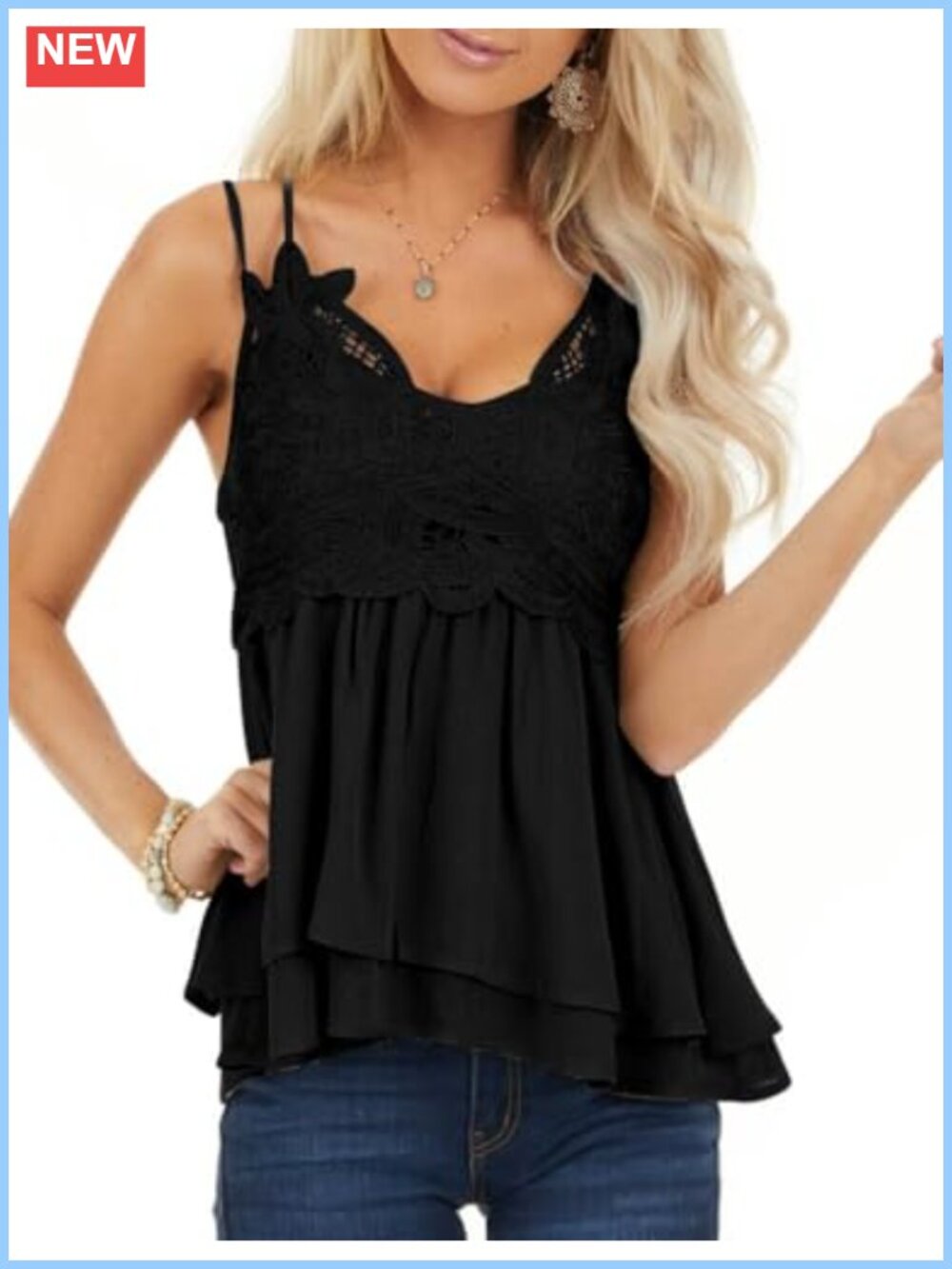Women's Lace Chiffon Spaghetti Strap Cami Sleeveless Babydoll Tank Top
